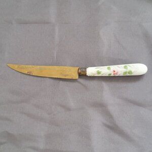 Vintage Stahl Bronce Knife With Ceramic Floral Handle & Brass Blade